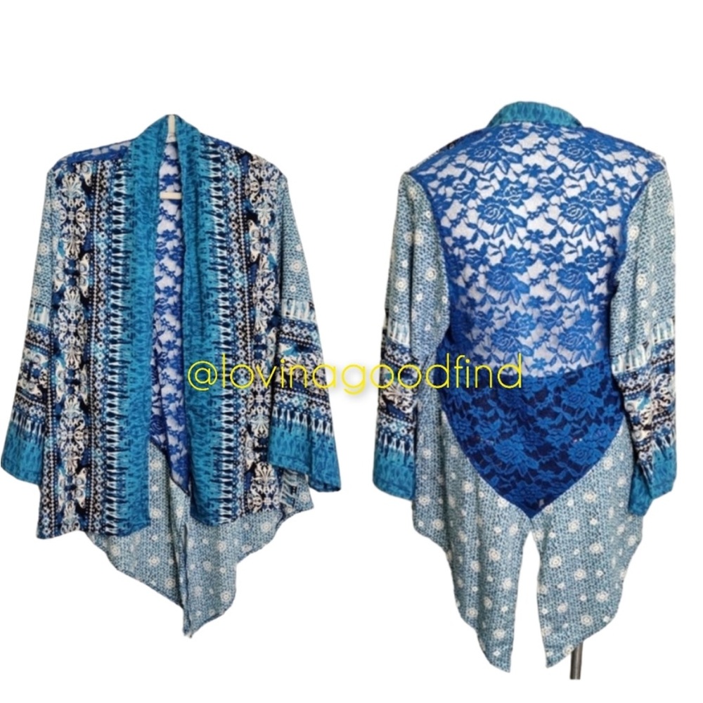 Ces Femmes Blue Boho Lace Back Kimono/Coverup EUC sz OSFM